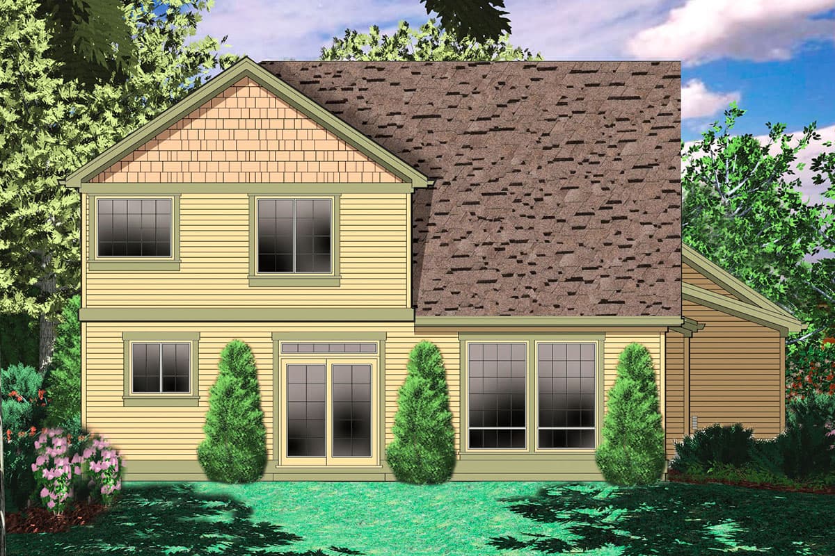 House plan exterior of two-story home with shingled gable, horizontal siding, and multiple grid windows.