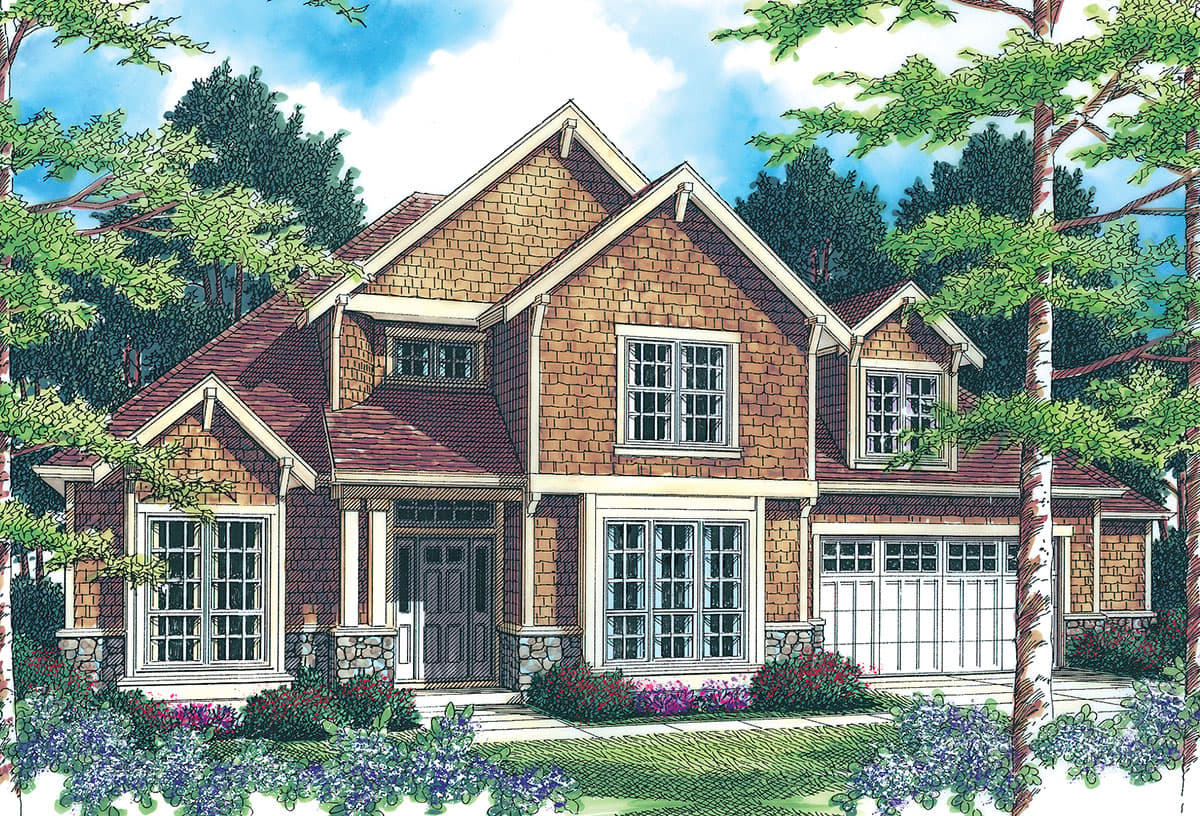 Craftsman style house plan exterior with shingle siding, gables, dormers, and a two-car garage.