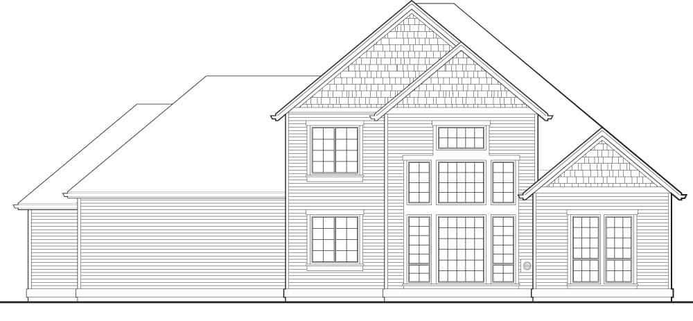 House plan exterior elevation with shingled gables, horizontal siding, and multi-pane windows. Two stories visible.