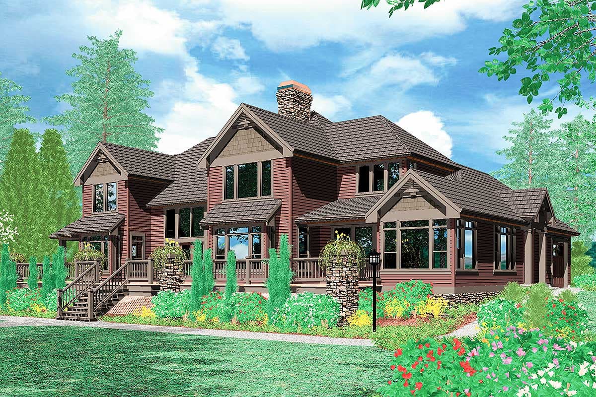 House plan exterior, two-story design with multiple gables, stone chimney, extensive porch, and large windows.
