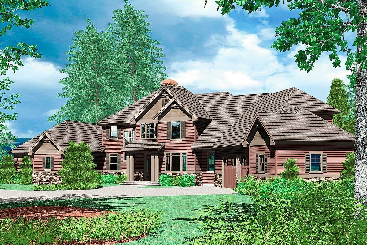 House plan exterior: Two-story home with steeply pitched roofs, stone foundation, multiple gables, and an attached garage.