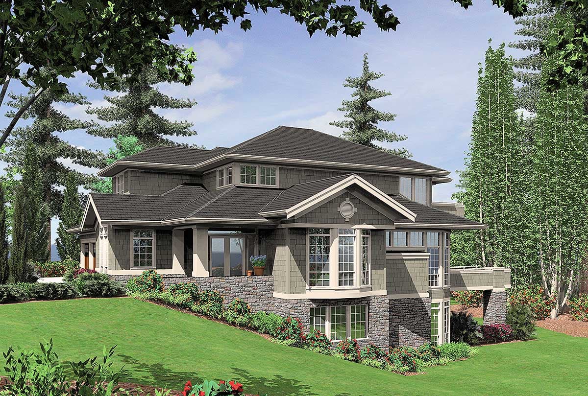 House plan exterior of a two-story home with stone foundation, multiple gables, dormers, and a wraparound porch.