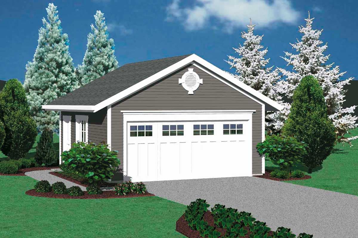House plan exterior: One-story garage with a gable roof, double garage door with windows, and decorative gable vent.