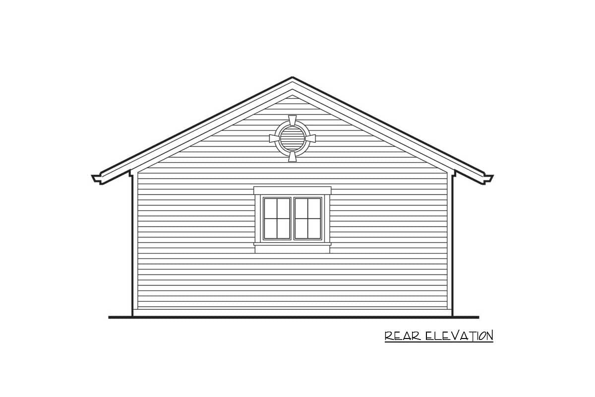 Rear elevation drawing of a house plan showing horizontal siding, a gabled roof, a double-hung window, and a circular vent.