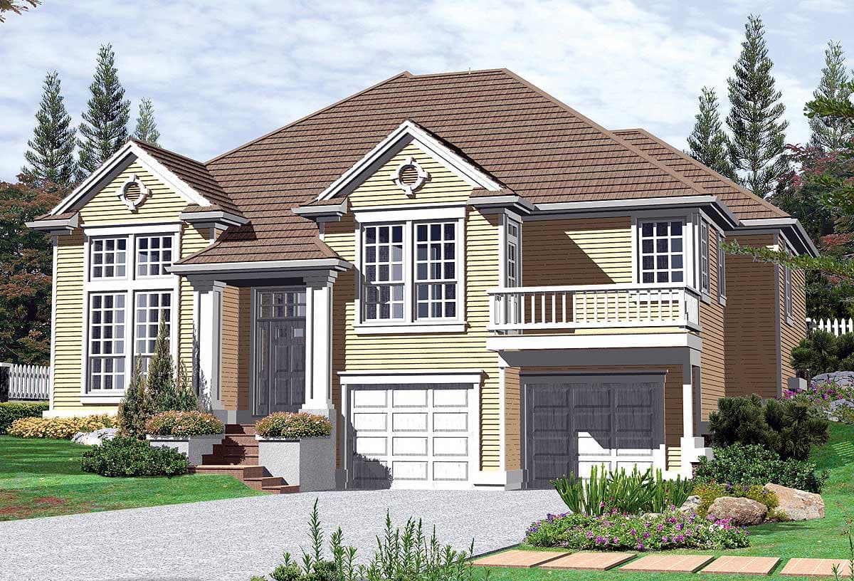 House plan exterior: Two-story home with a covered front porch, bay windows, dormers, and a two-car garage.