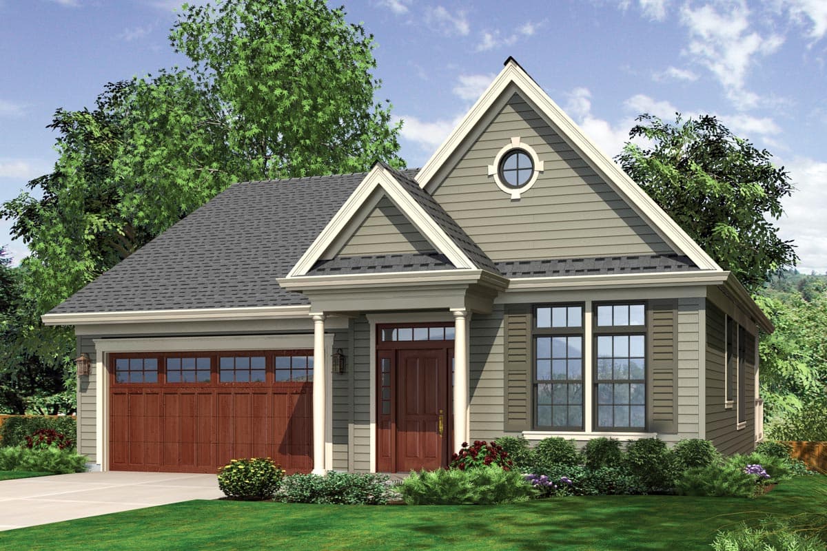House plan exterior: Traditional style, one story, with gabled dormer, front-entry garage, and covered porch.