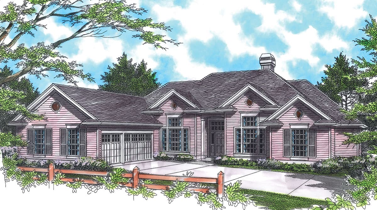 House plan exterior: One-story home with gabled dormers, front-entry three-car garage, and covered entry porch.