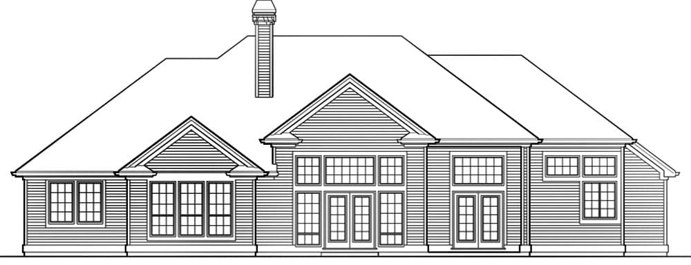House plan exterior drawing with gables, chimney, and multiple window configurations.