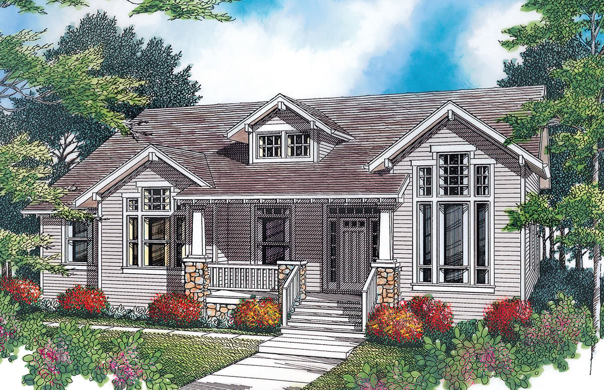 House plan exterior: One-story home with a covered porch, stone-clad porch supports, and prominent gables.
