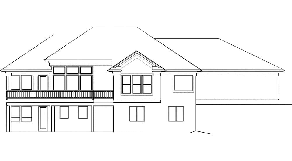 House plan exterior drawing: Two-story residence with a wraparound deck, multiple gables, and varied window arrangements.