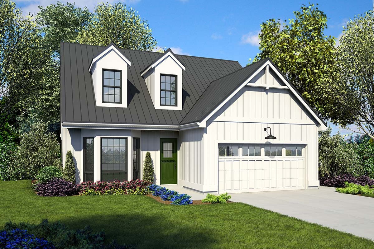 House plan exterior featuring a two-story farmhouse design with dormers, a gable roof, and attached garage.