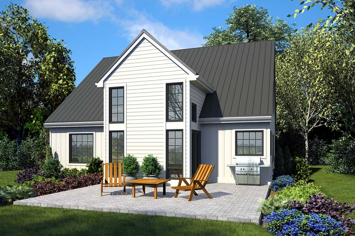 Modern Farmhouse house plan exterior with vertical siding, standing seam metal roof, gables, and large windows.