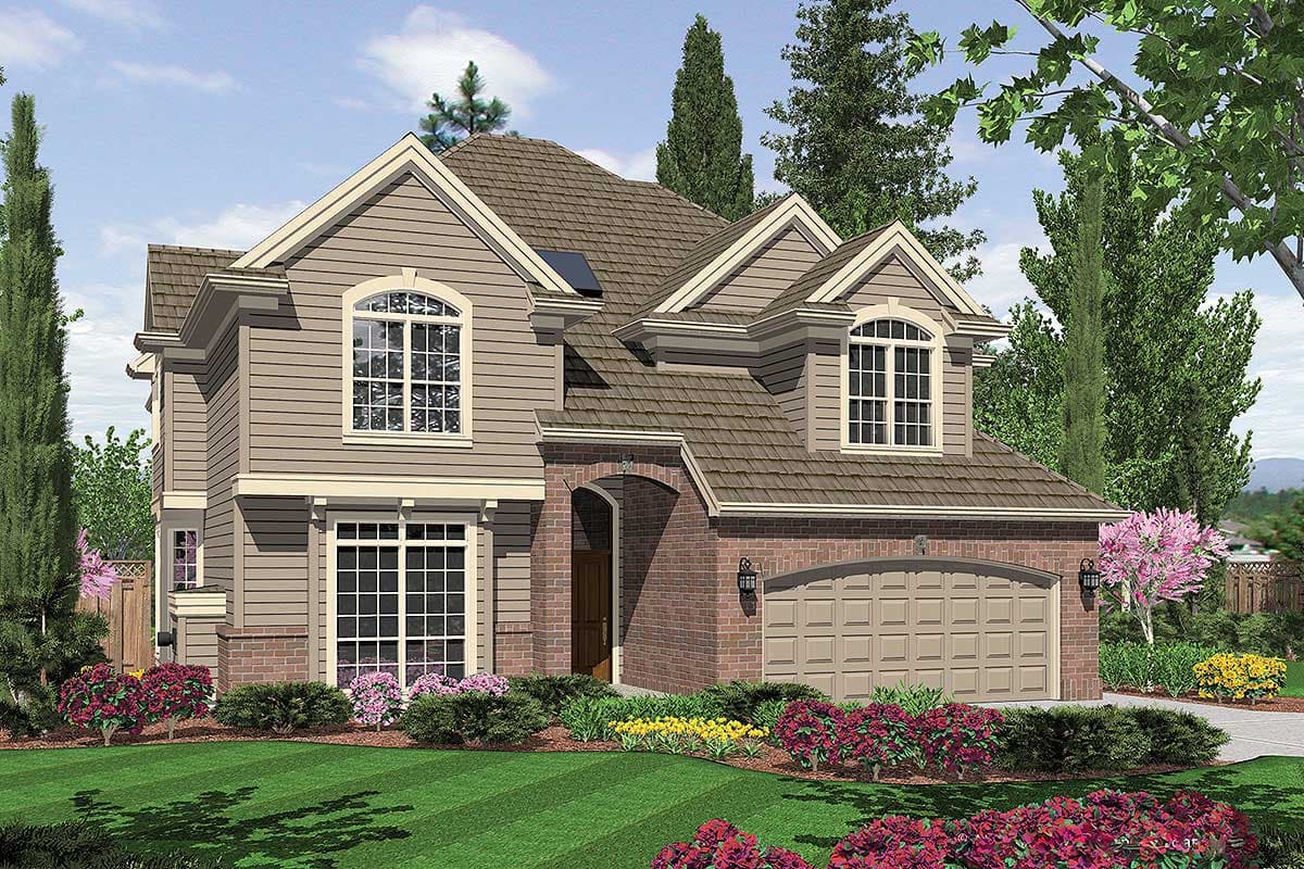 Two-story house plan exterior with vinyl siding, brick accents, arched entryway, dormers, and a front-facing garage.