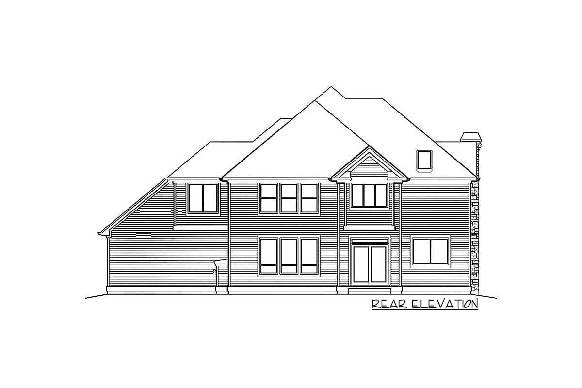 Rear elevation of a two-story house plan featuring varied rooflines, multiple windows, and a central entrance with double doors.