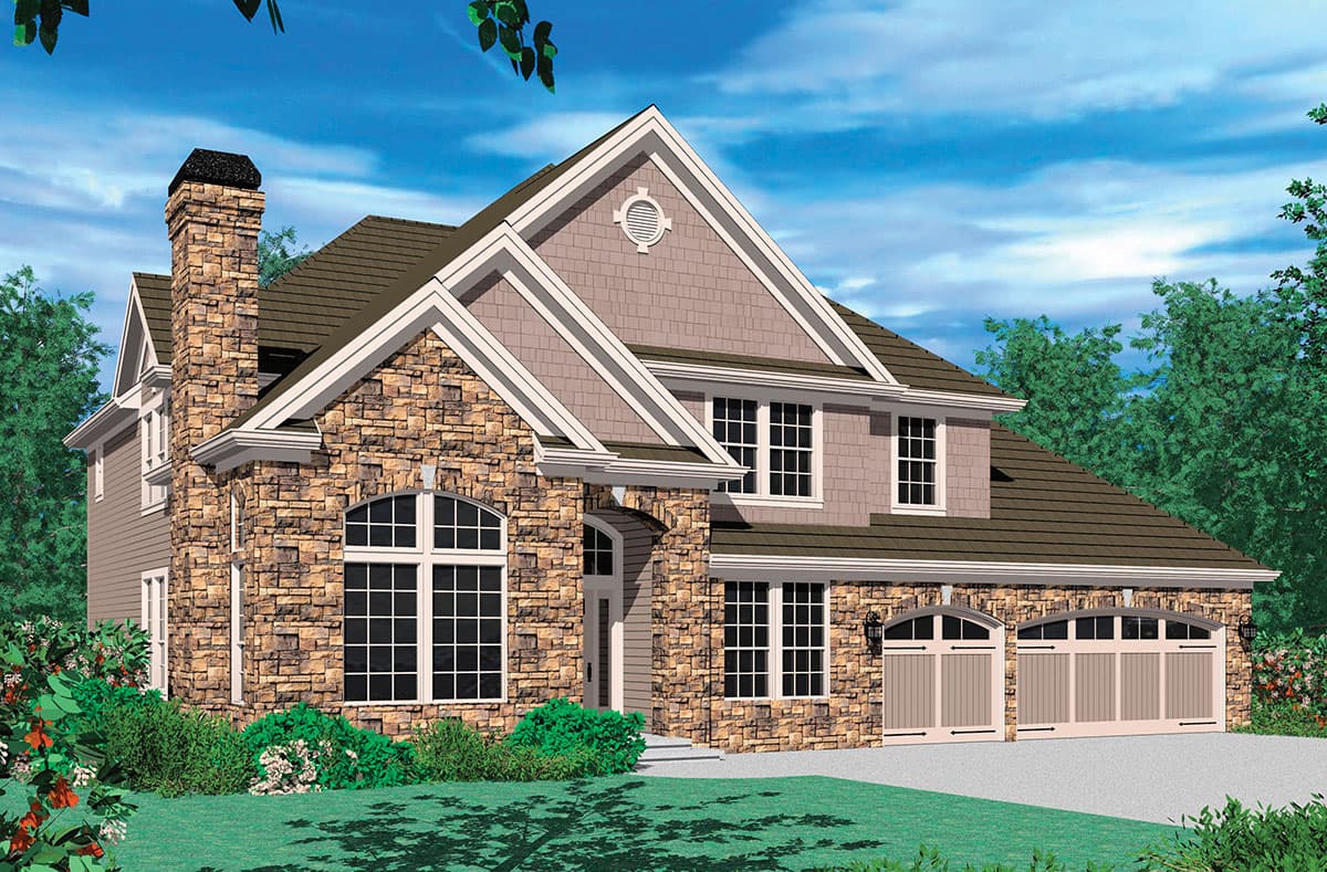 House plan exterior: two-story home with stone facade, prominent chimney, arched windows, and three-car garage.