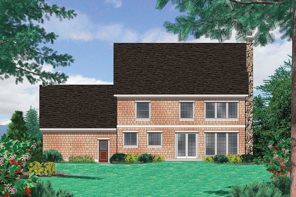 Two-story house plan exterior with shingle siding, numerous windows, a side door, and a prominent stone chimney.