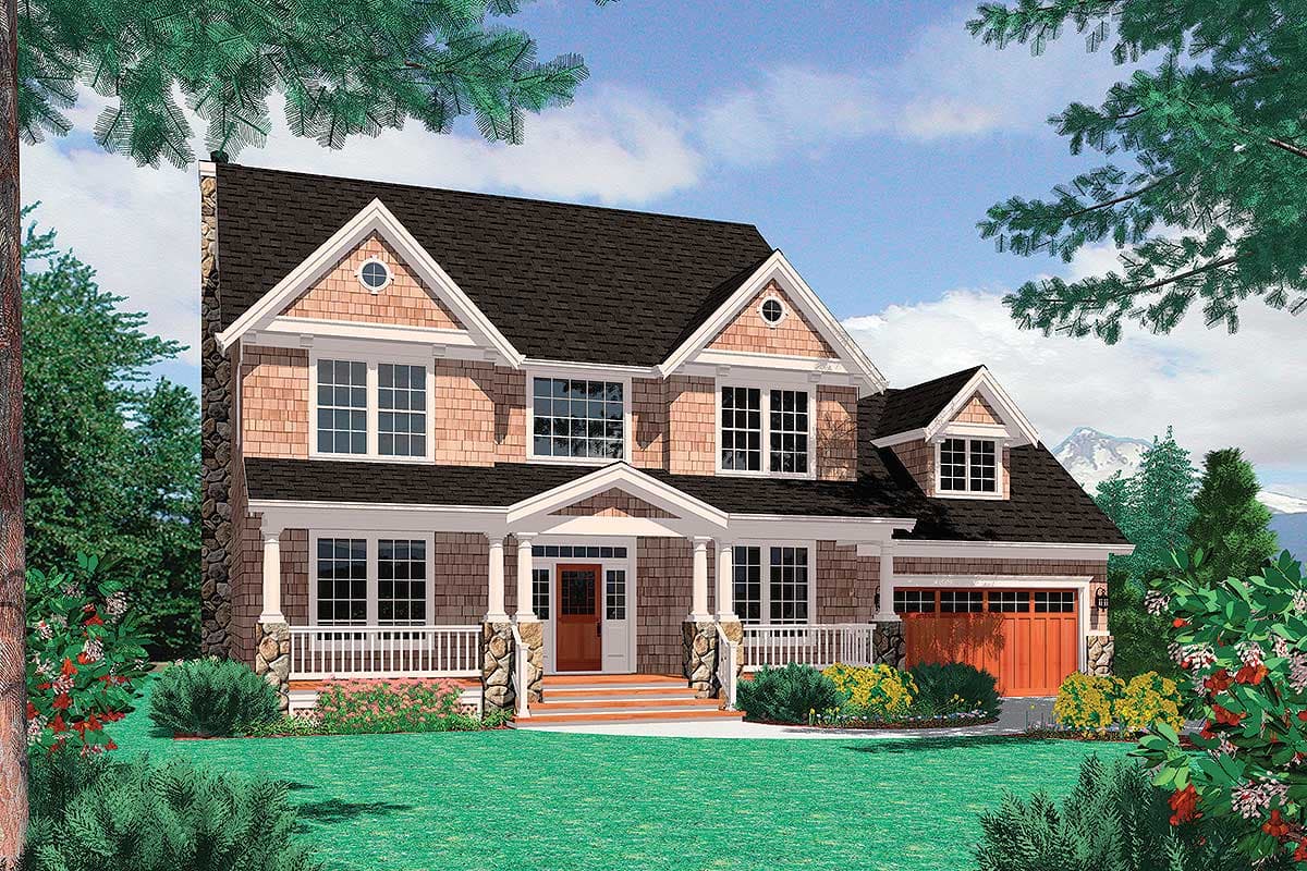 House plan exterior of a two-story home with stone accents, a covered porch, gables, and a side-facing garage.