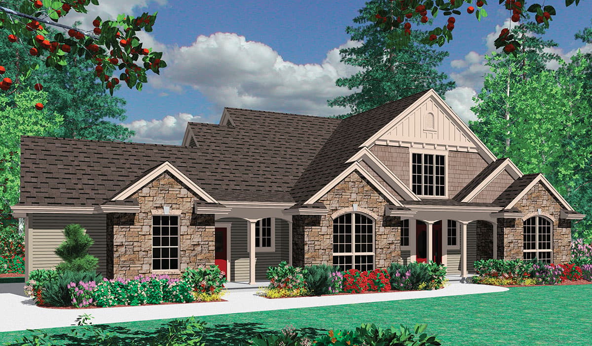House plan exterior: One-story home with stone accents, gables, dormer, covered porch, and side-facing garage.