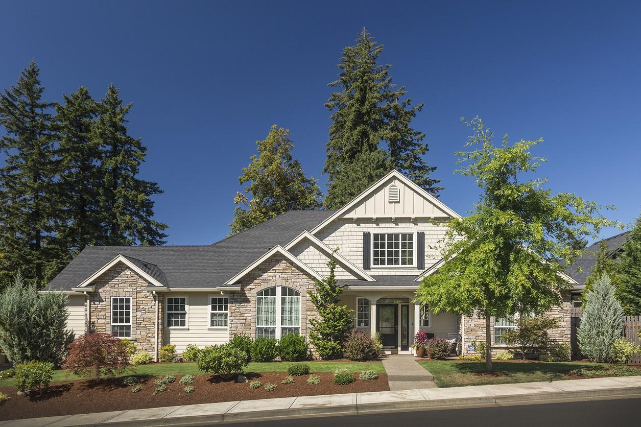 House plan exterior: One-story home with stone accents, dormer, prominent gable, and covered entry.