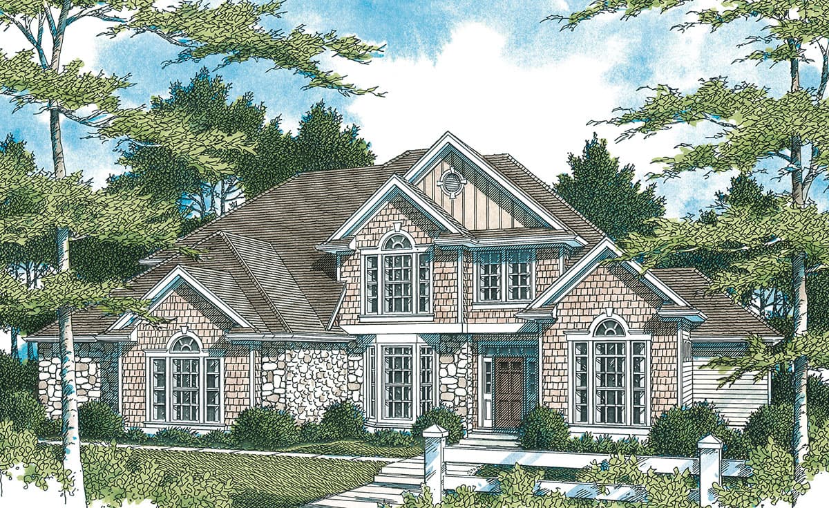 House plan exterior: Two-story home with stone and shingle siding, multiple gables, dormers, and arched windows.