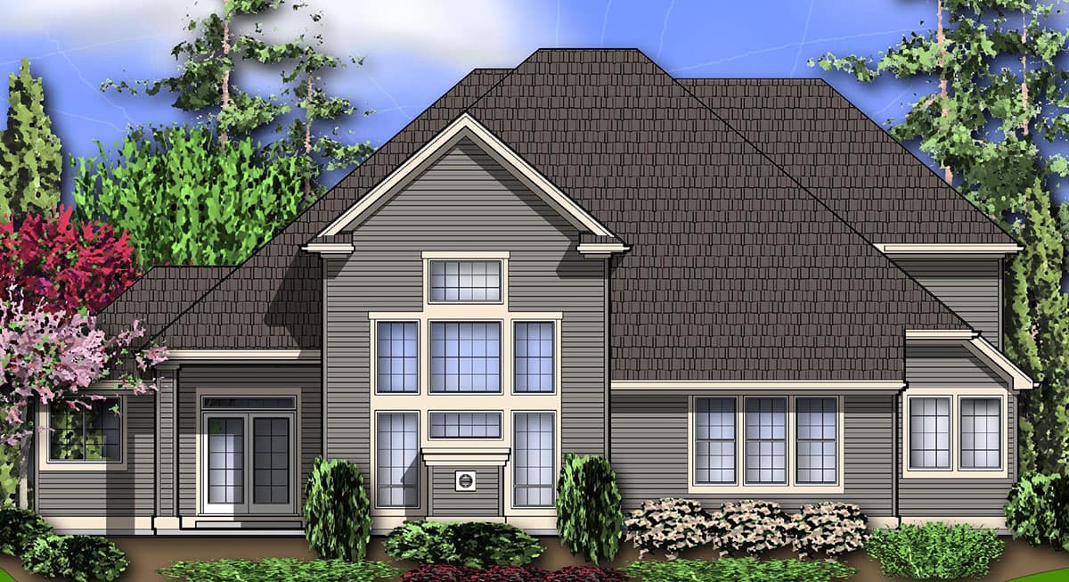 House plan exterior featuring a prominent multi-story window arrangement, gabled dormers, and a prominent roofline.
