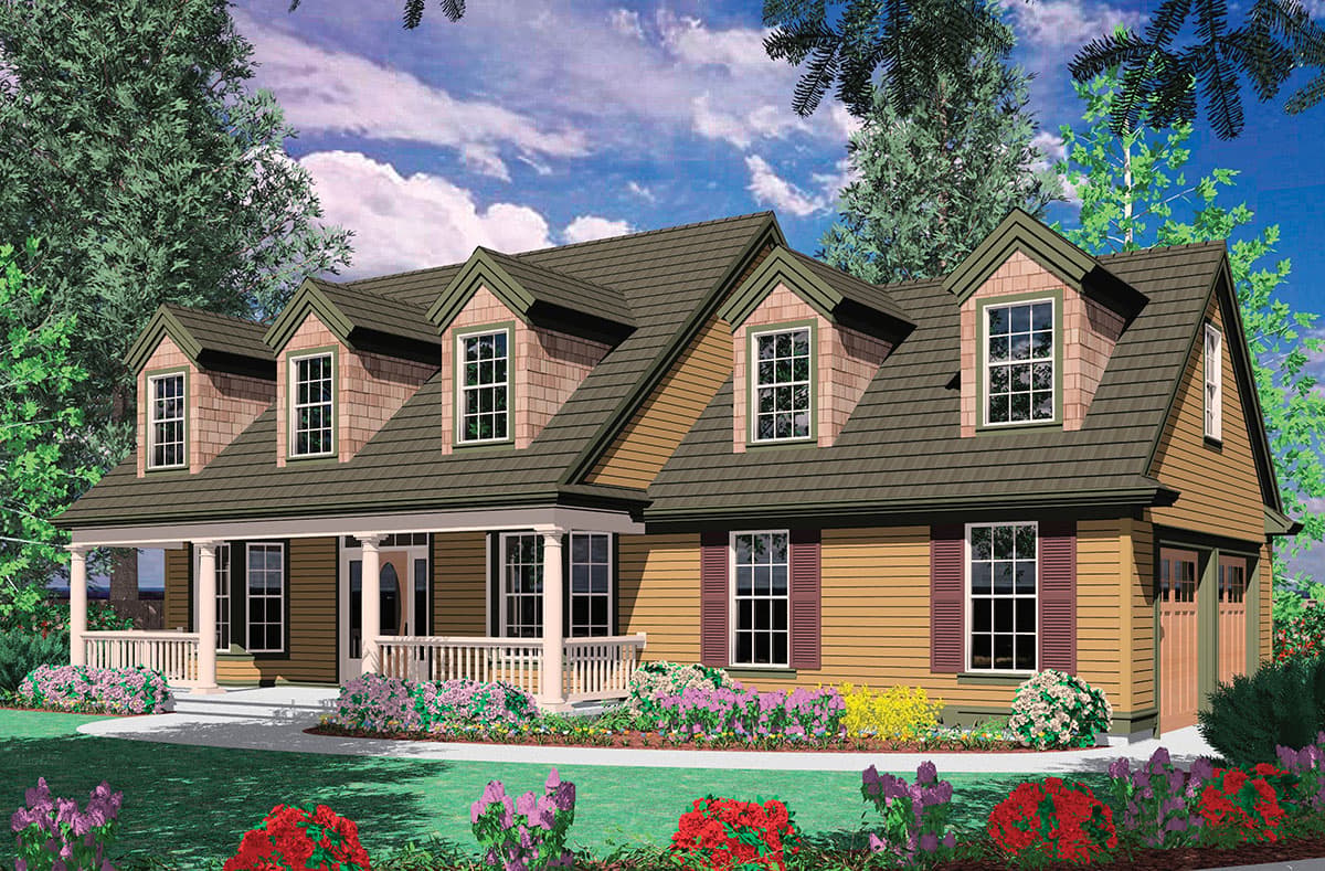 House plan exterior: two-story, cedar shake siding, gabled dormers with multipane windows, and a wraparound porch.