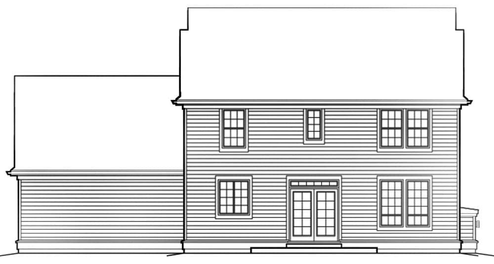 House plan exterior: Two-story home with double door entry, multiple double-hung windows, and varying rooflines.