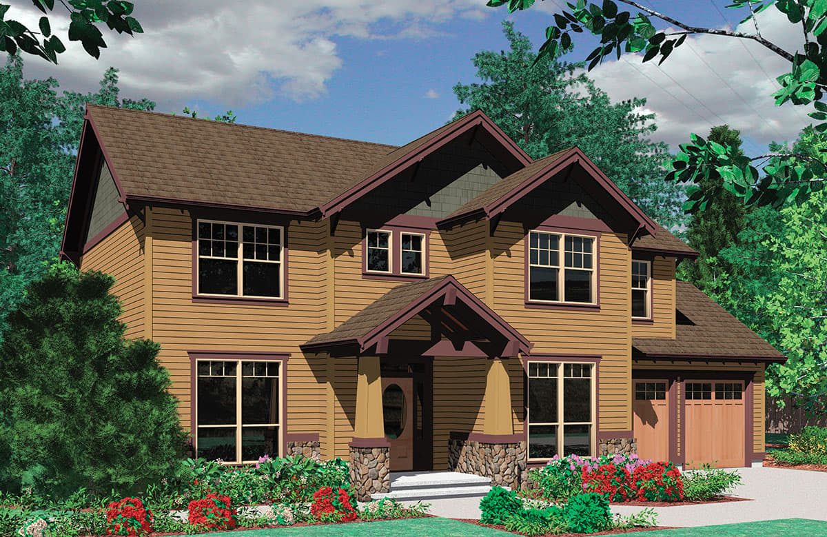 House plan exterior: Two-story home with prominent gables, covered entry with stone base, and attached two-car garage.