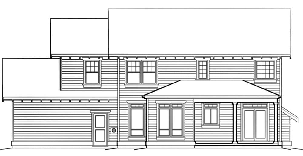 House plan exterior, two stories, siding, covered porch with columns, and multiple windows.