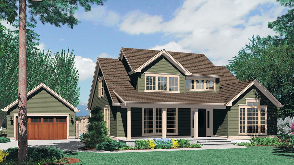 House plan exterior: Two-story modern farmhouse with a covered front porch, gables, dormers, and a detached garage with a wooden door.