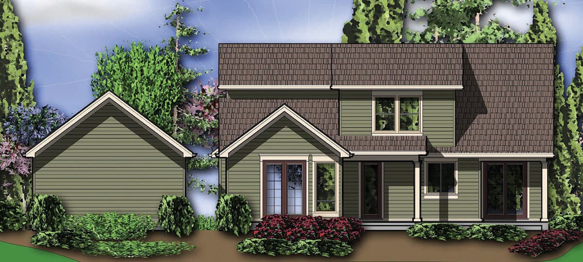 House plan exterior: Two-story home with gabled rooflines, attached garage, prominent gables, and double-door entry.