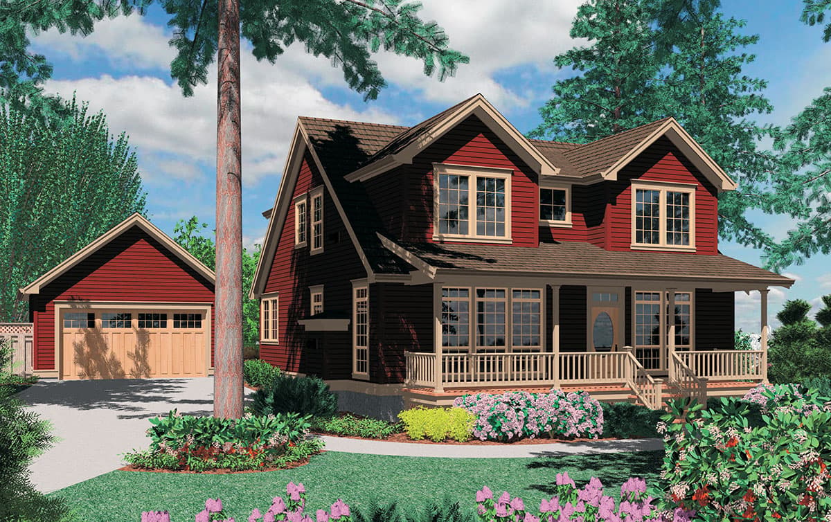 House plan exterior: two-story home with wrap-around porch, gables, dormers, and detached garage.