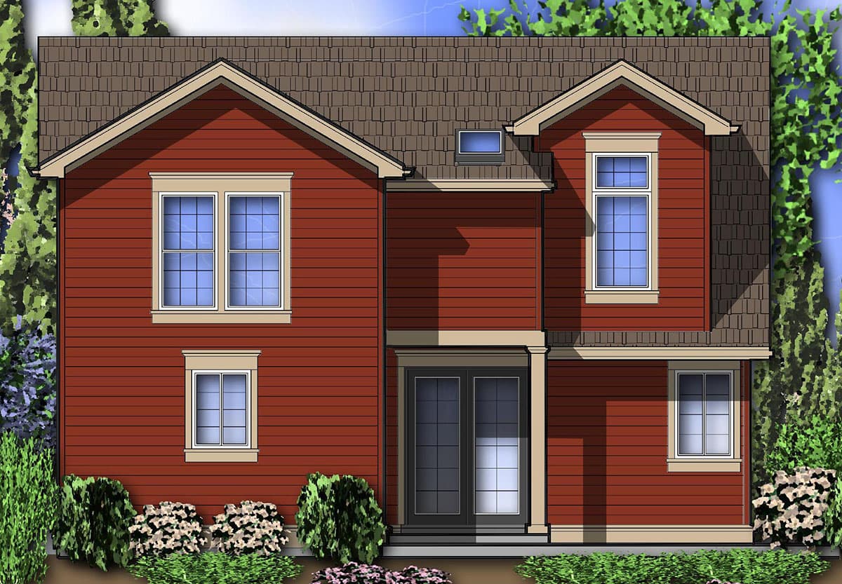 House plan exterior: Two-story dwelling with gabled dormers, multiple window styles, double glass doors, and horizontal siding.