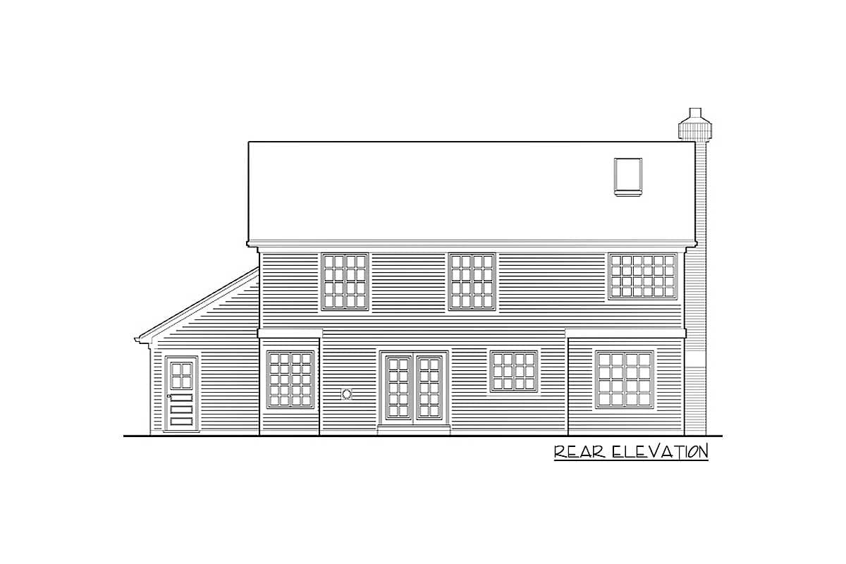 Rear elevation drawing of a two-story house with a side-gabled roof, numerous multi-paned windows, double doors, and a chimney.