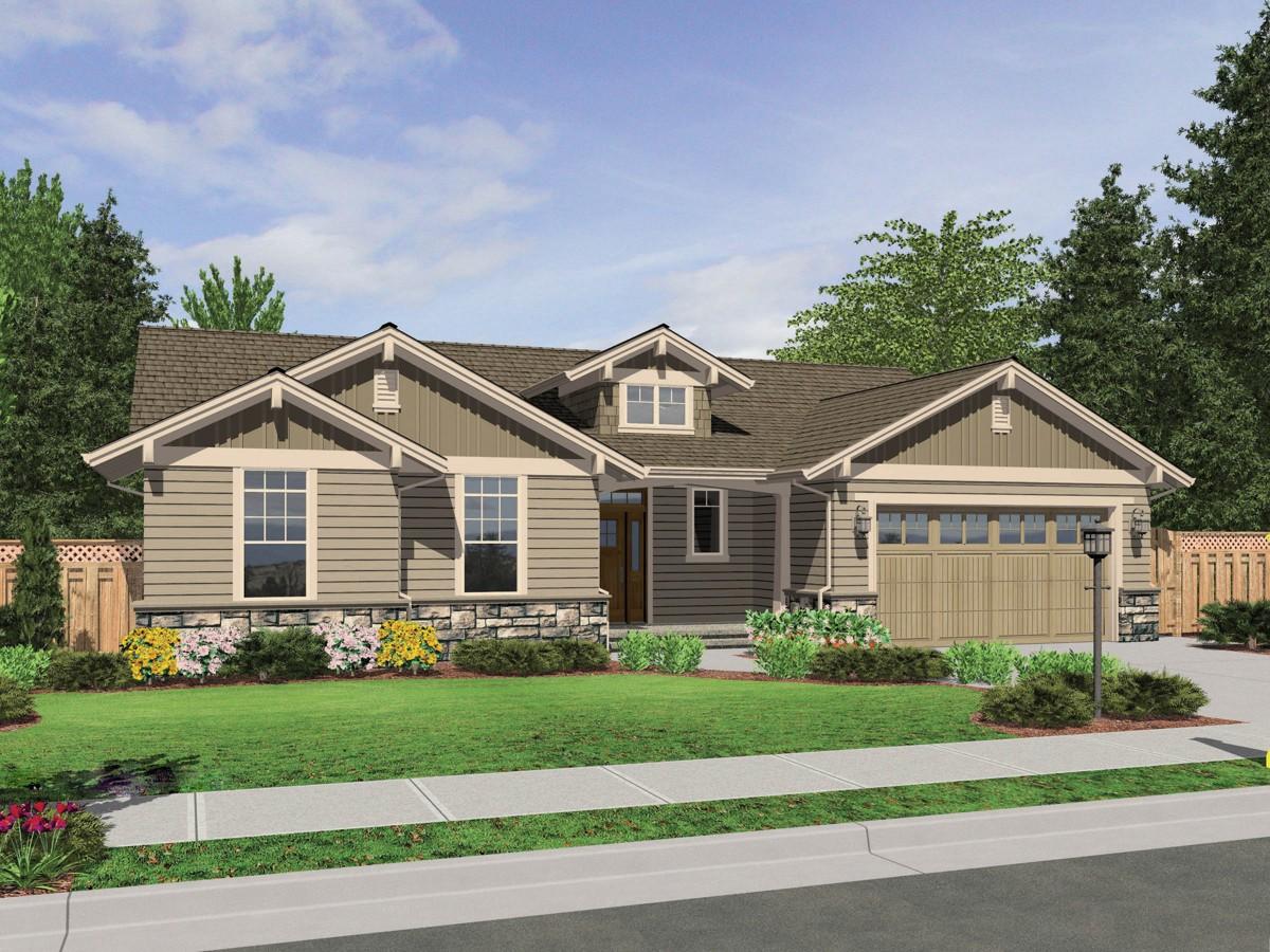 Craftsman style house plan exterior, one story, with stone base, gable dormer, and attached two-car garage.