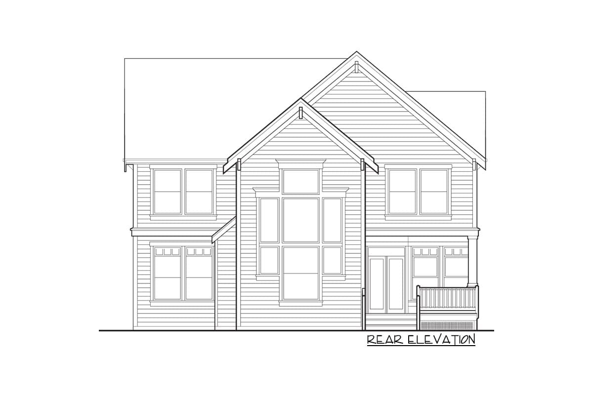 Rear elevation house plan. Two stories with gabled roof, central bay window, and covered porch.
