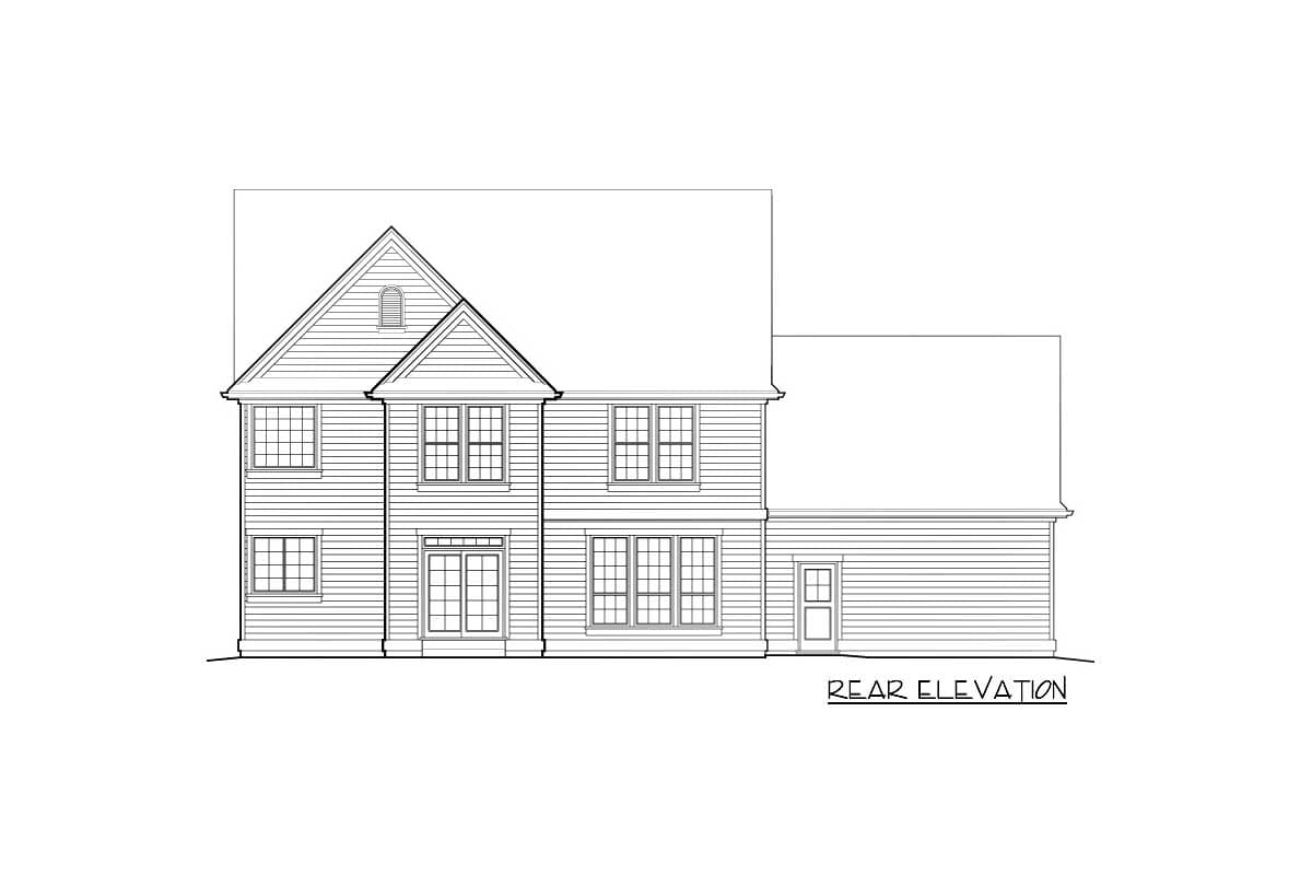 Rear elevation drawing of a two-story house with gabled dormer, double doors, and a single door.