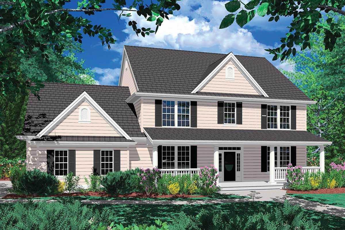House plan exterior: Two-story Colonial style with a full front porch, multiple gables, and dormer windows.