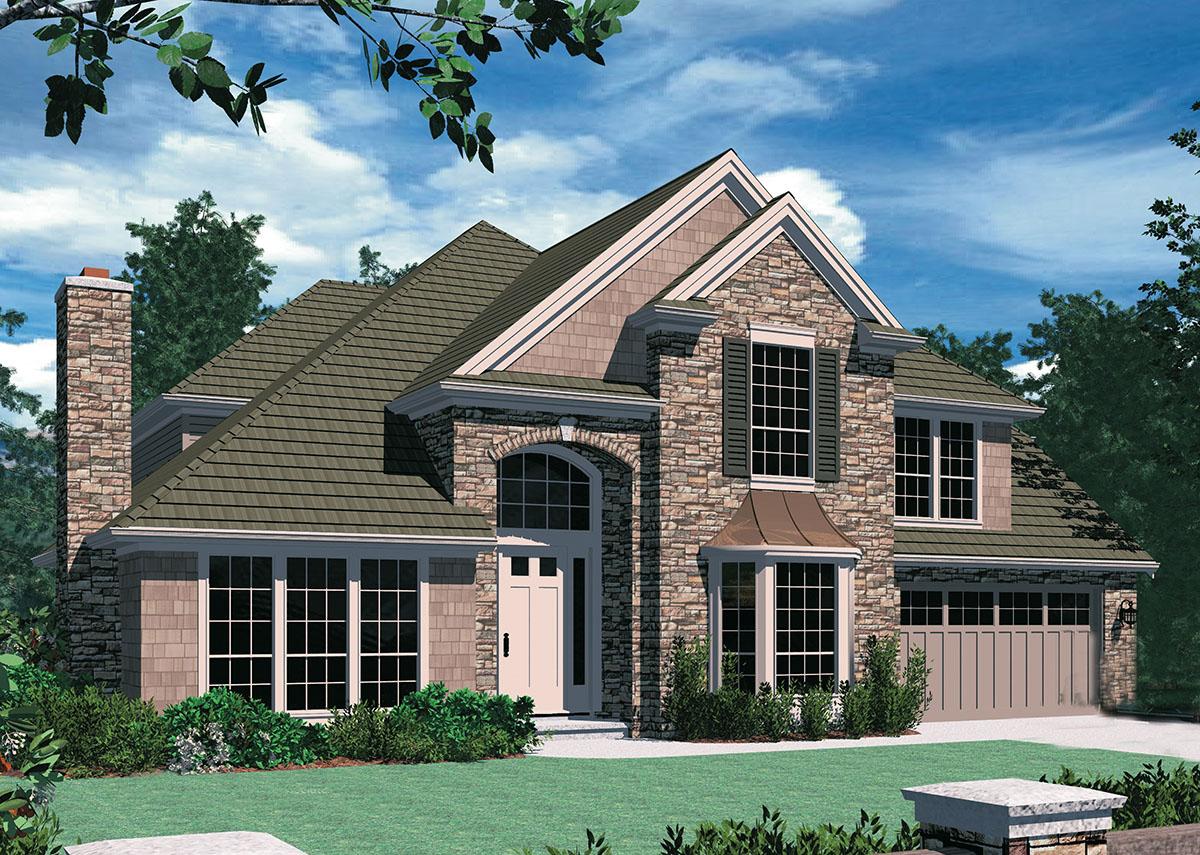 House plan exterior: Two-story home with stone facade, prominent gables, bay window, arched entryway, and attached garage.