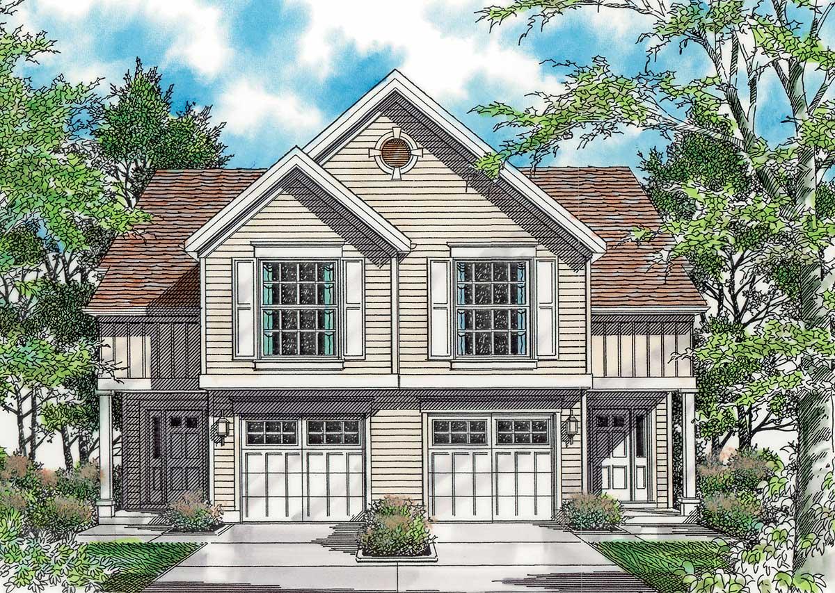House plan exterior of a two-story duplex with two garages, gable roof, dormer windows, and a centered circular vent.