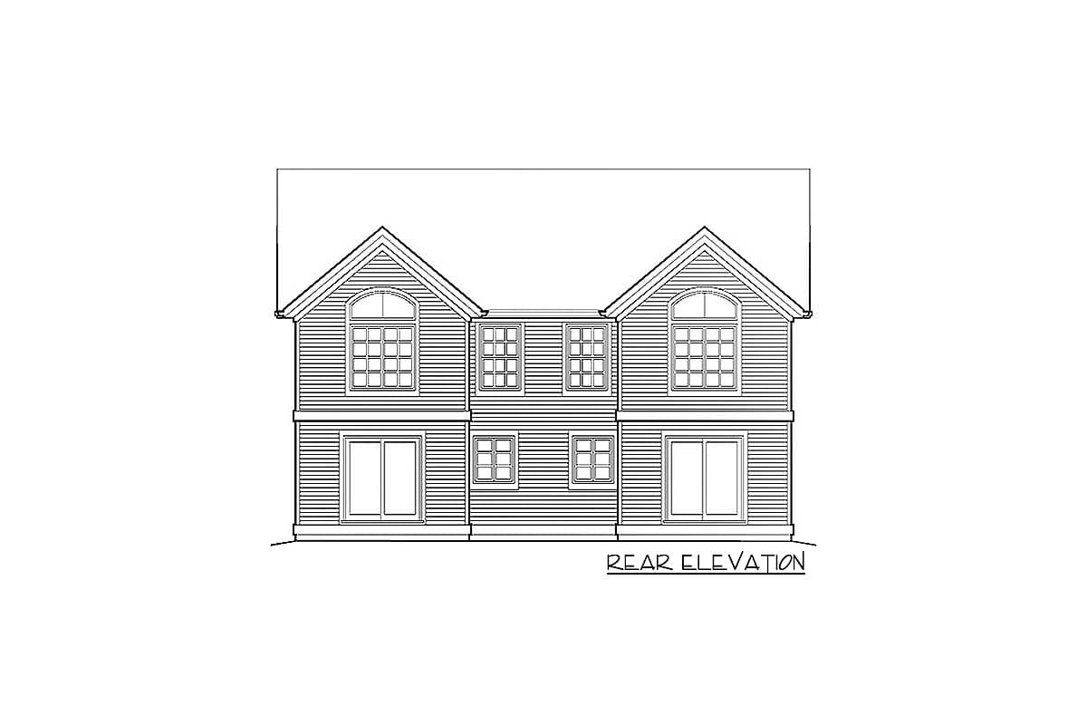 Rear elevation drawing of a two-story house with paired gables, arched upper windows, and sliding glass doors.