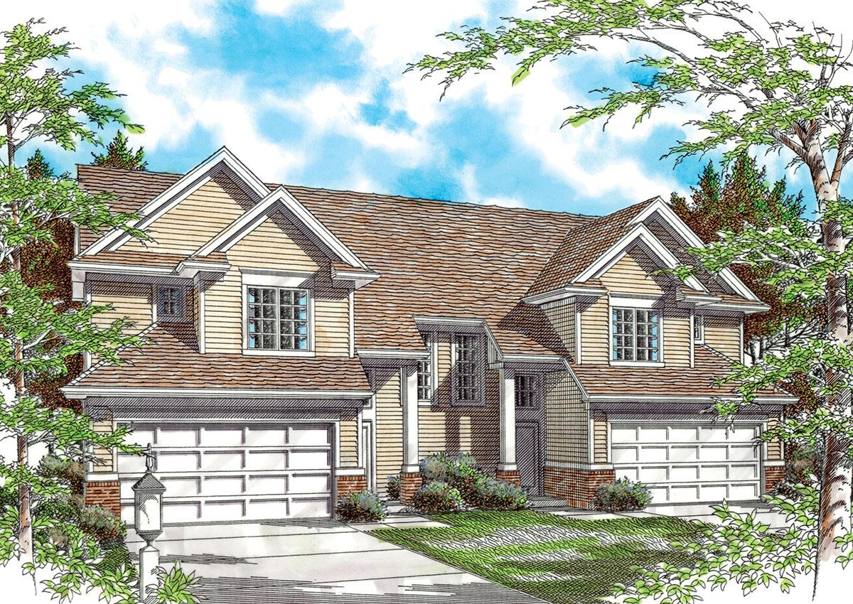 House plan exterior of two-story home with two garages, prominent gables, and varied rooflines.
