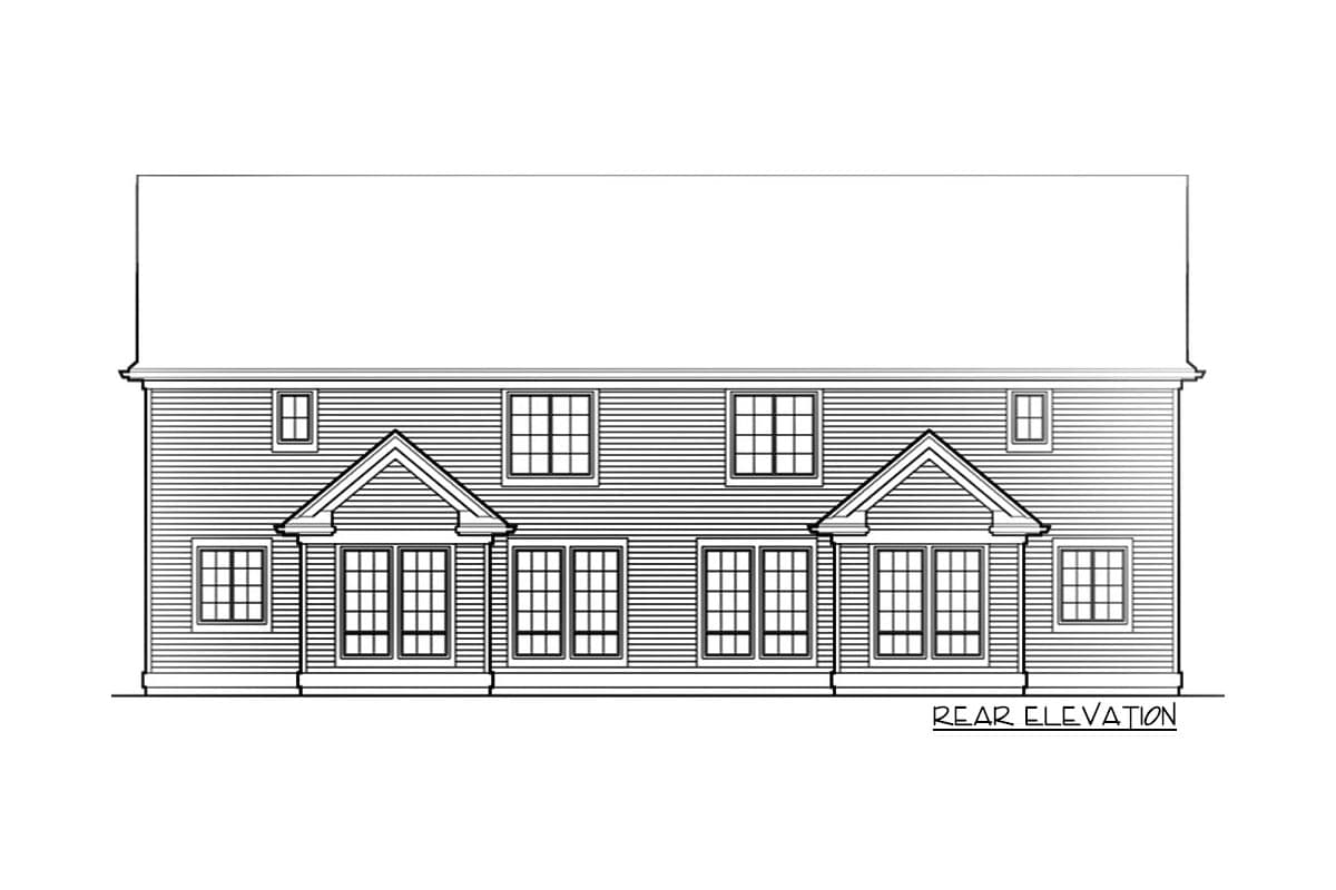 Rear elevation drawing of a two-story house plan with gabled dormers, multiple windows, and horizontal siding.
