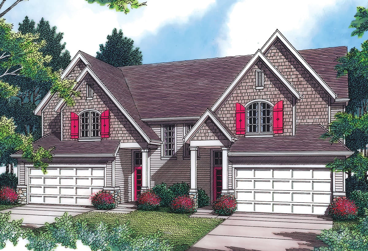 House plan exterior, two stories, shingle siding, gabled dormers, arched windows, red shutters, and two garages.