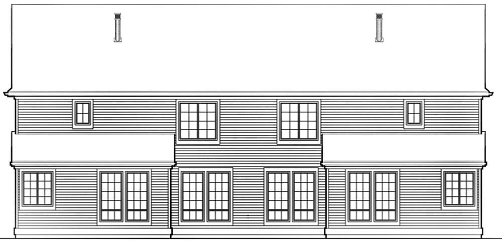 Rear elevation drawing of a two-story house plan with multiple windows and chimneys.