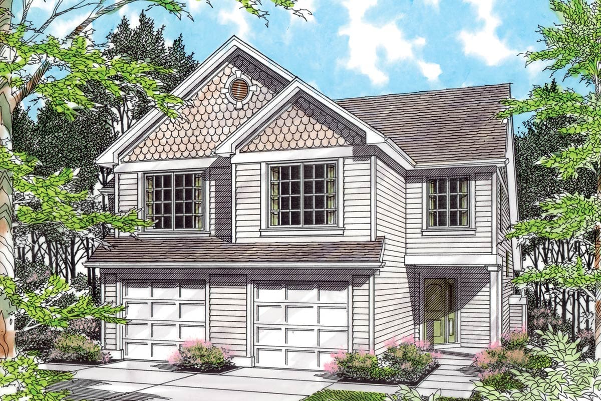 House plan exterior: Two-story home with shingle accents, prominent gables, dual garage doors, and a covered entryway.