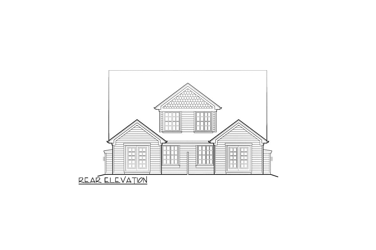 Rear elevation drawing of a two-story house with multiple gables and double doors.