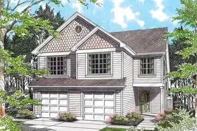 Duplex House Plan with C-Shaped Kitchen and Bedrooms Upstairs - 1197 Sq Ft 2 Bed Units