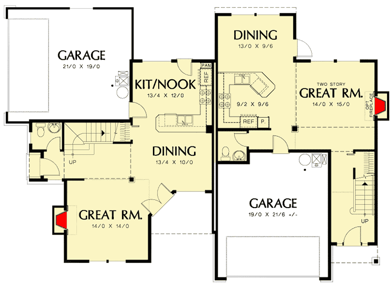 Plan 69382AM: Duplex with Single Family Appearances - Floor Plan - Main Level