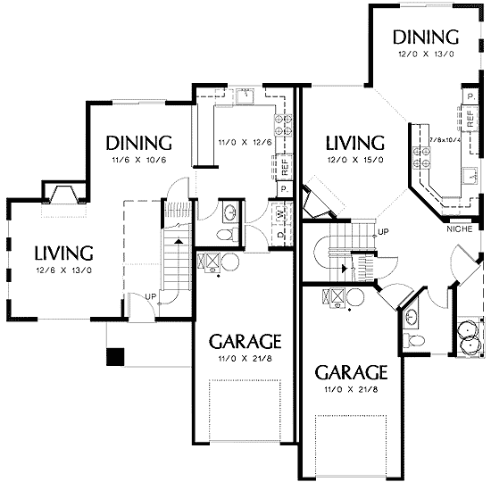 Plan 69383AM: Duplex with Asymmetrical 3 Bedroom Units Under 1500 Sq Ft - Floor Plan - Main Level - Traditional